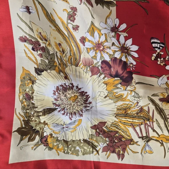 Vintage Silk Floral Square Scarf 35x35 Red Beige Botanical - Picture 9 of 15